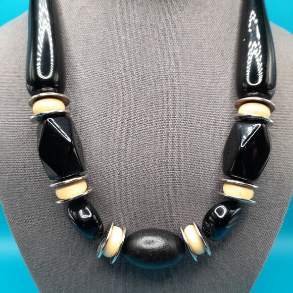 Chico's Chunky Black Beaded Necklace, Cream Silver Beads, 23" - Picture 3 of 11